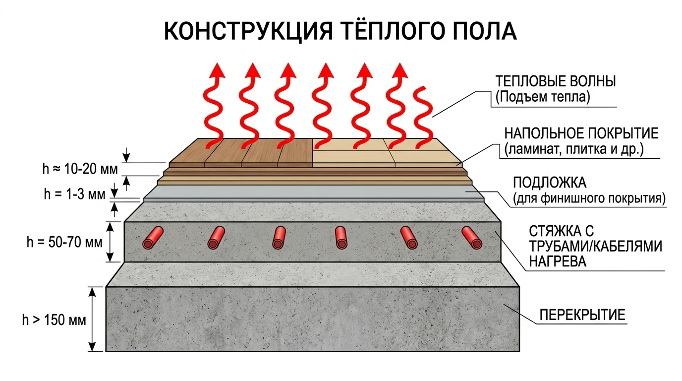 Разрез конструкции тёплого пола: стяжка — нагревательный элемент — подложка — покрытие