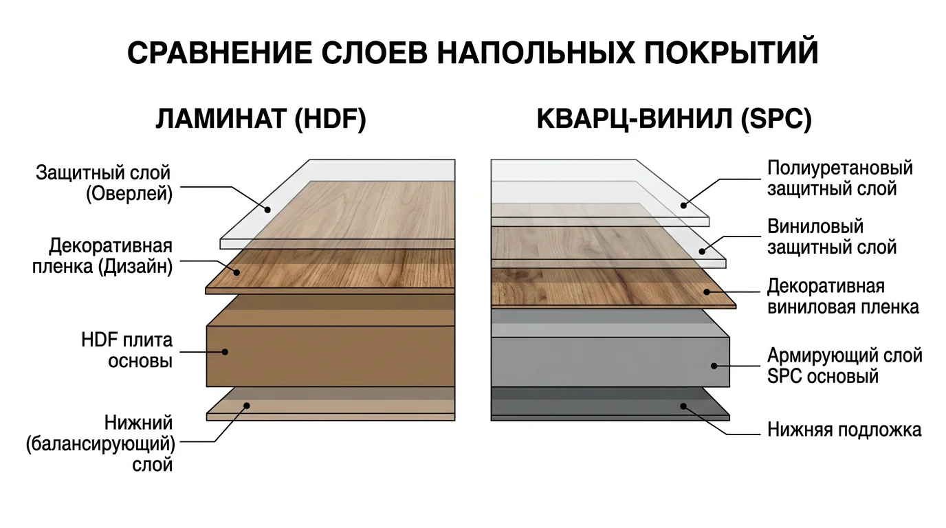 Разрез слоёв ламината и кварцвинила SPC