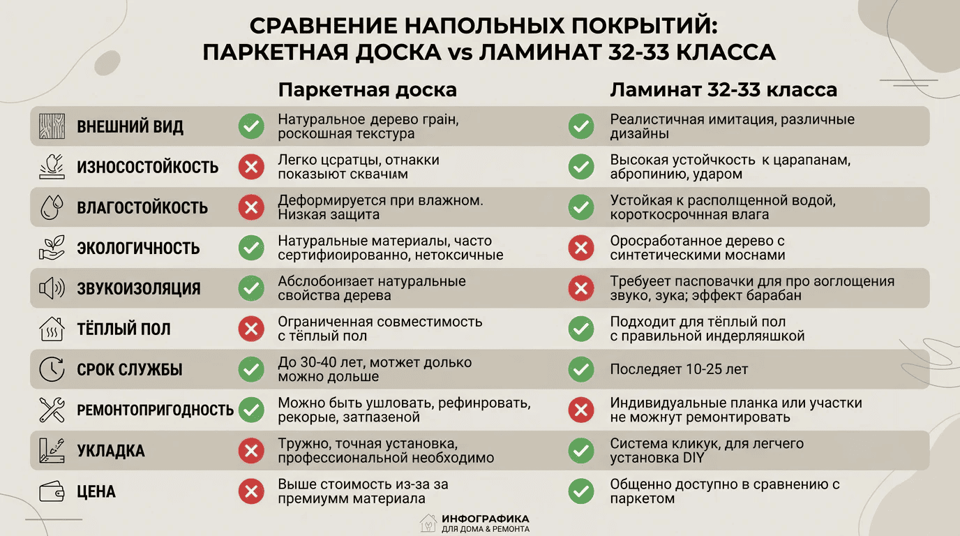 Сравнение паркета и ламината по 10 параметрам — инфографика