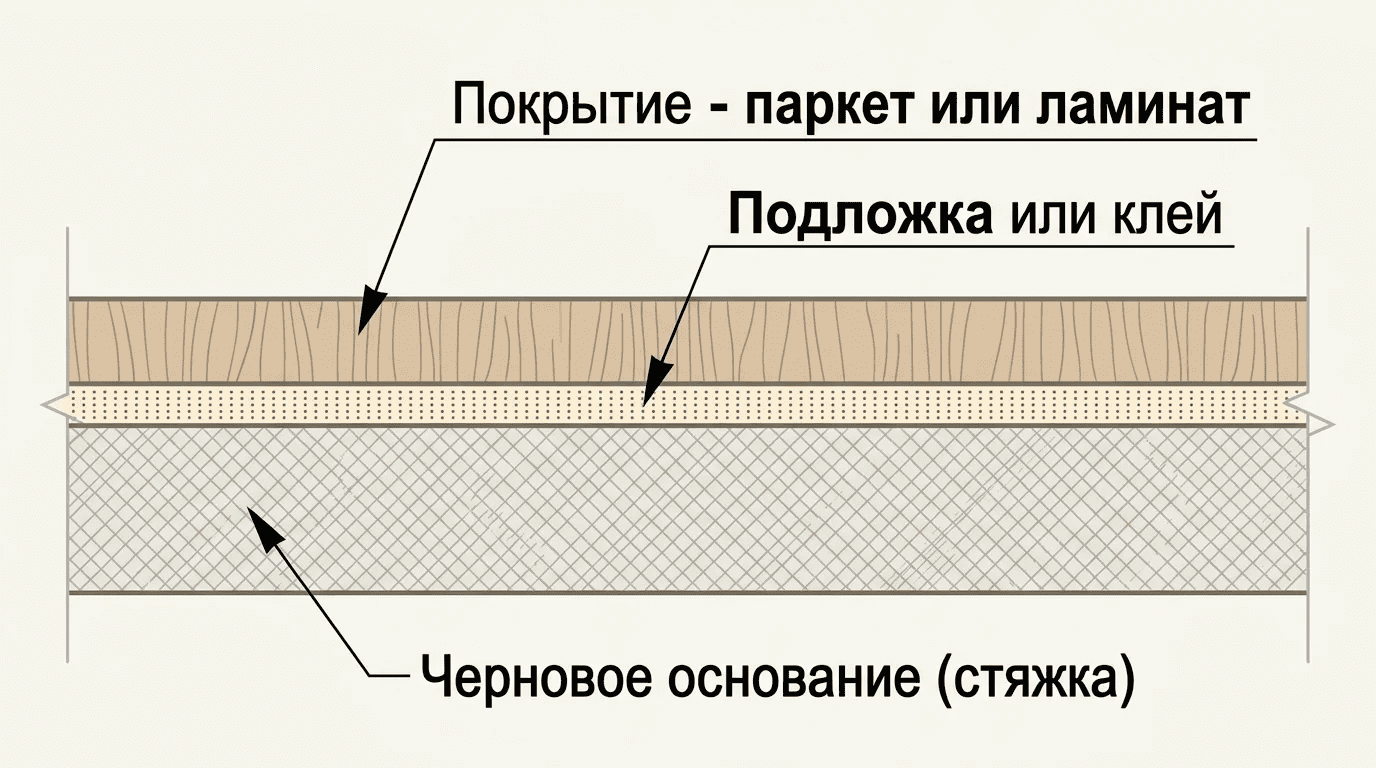 «Пирог пола» — слои чернового основания, подложки и покрытия