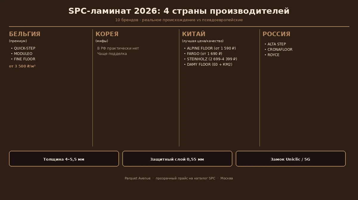SPC-ламинат 2026: 4 страны производителей — сравнительная инфографика брендов